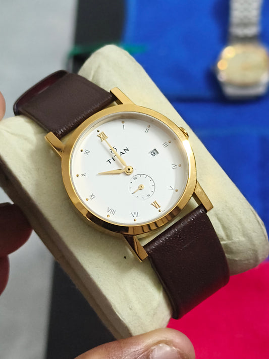 Titan Gold-toned Quartz Neo-Vintage Watch with Date and Small Seconds