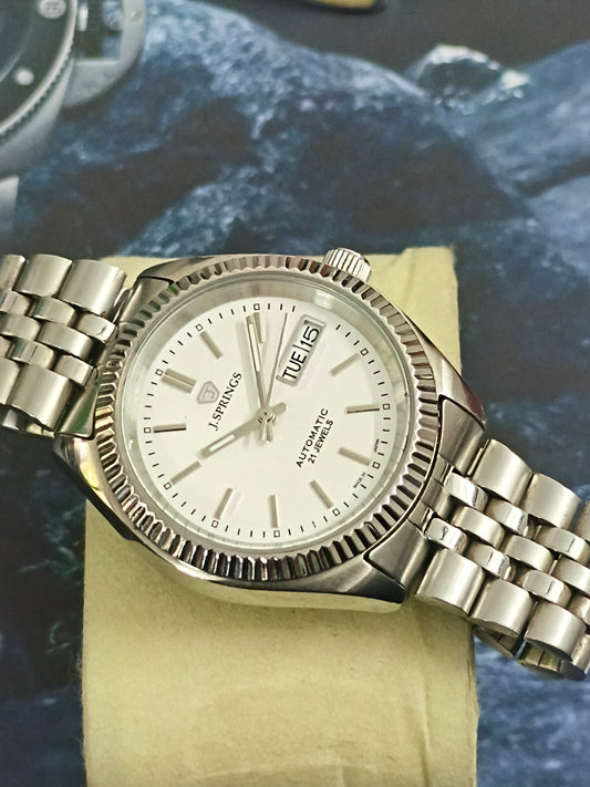 J.Springs by Seiko Automatic Neo-Vintage Watch with a White Dial and Fluted Bezel