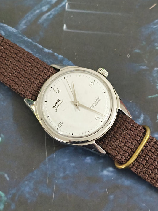 HMT Janata Hand-wound Vintage Watch with a White Art-deco Dial and Brown Nato Strap