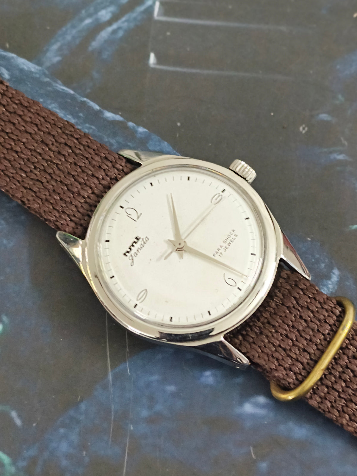 HMT Janata Hand-wound Vintage Watch with a White Art-deco Dial and Brown Nato Strap