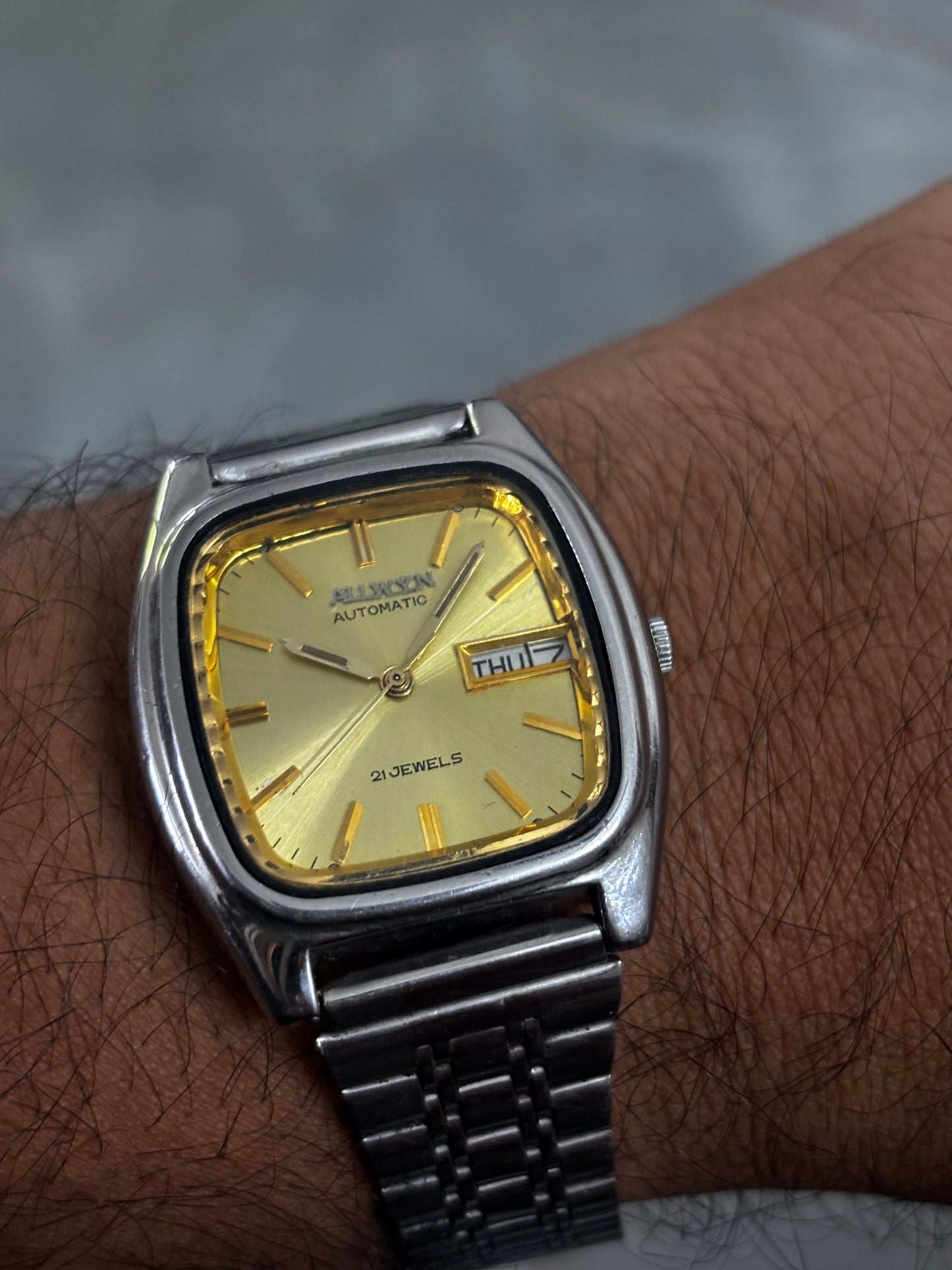 Allwyn Automatic Vintage Day Date Watch with a Golden Dial