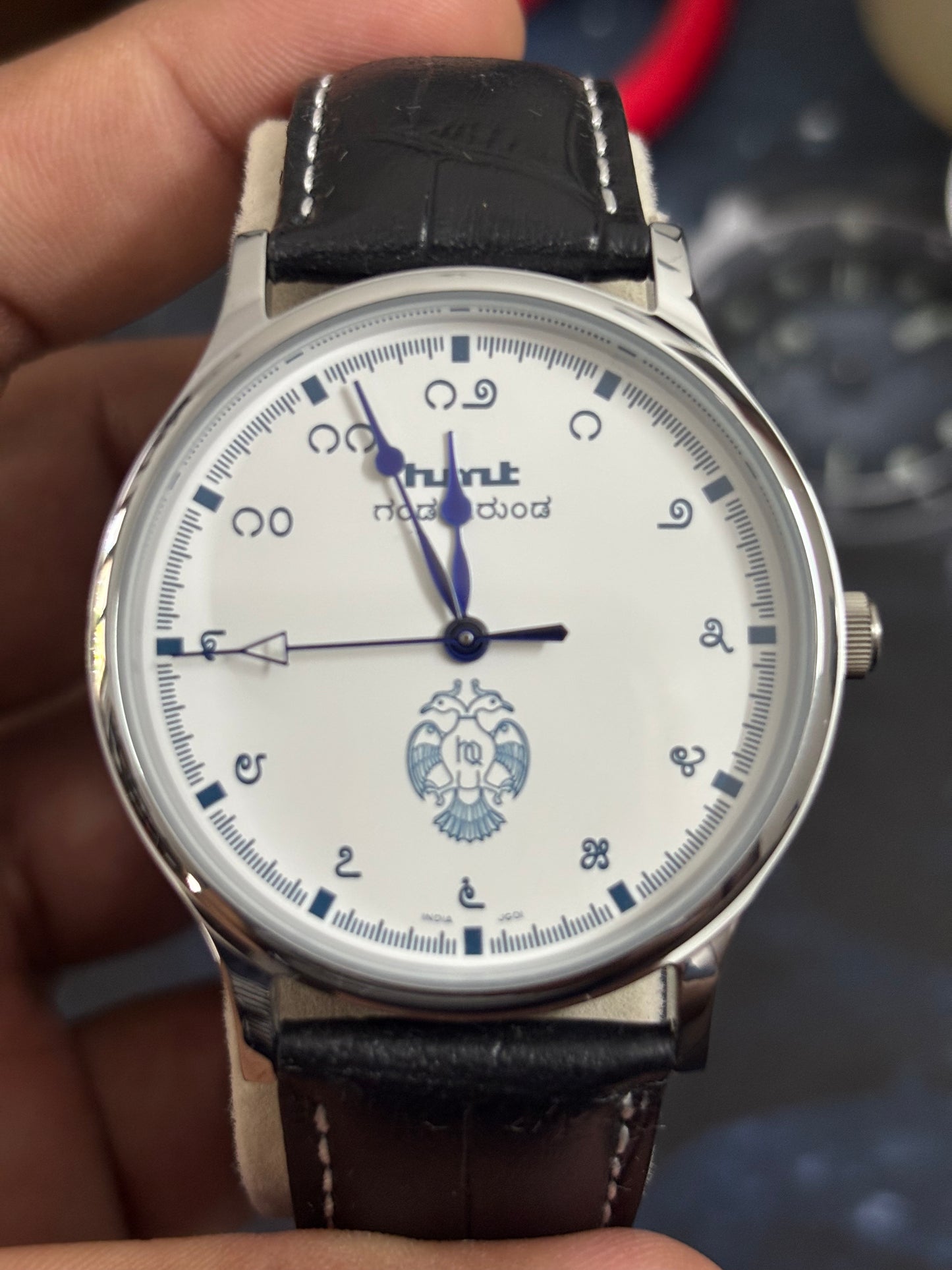 HMT Gandaberunda Quartz 43mm Watch with a Black Leather Strap