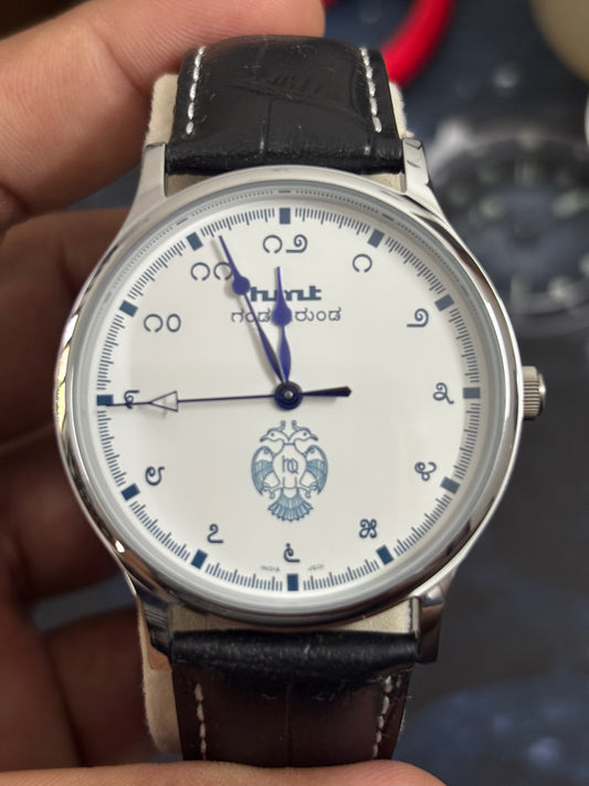 HMT Gandaberunda Quartz 43mm Watch with a Black Leather Strap