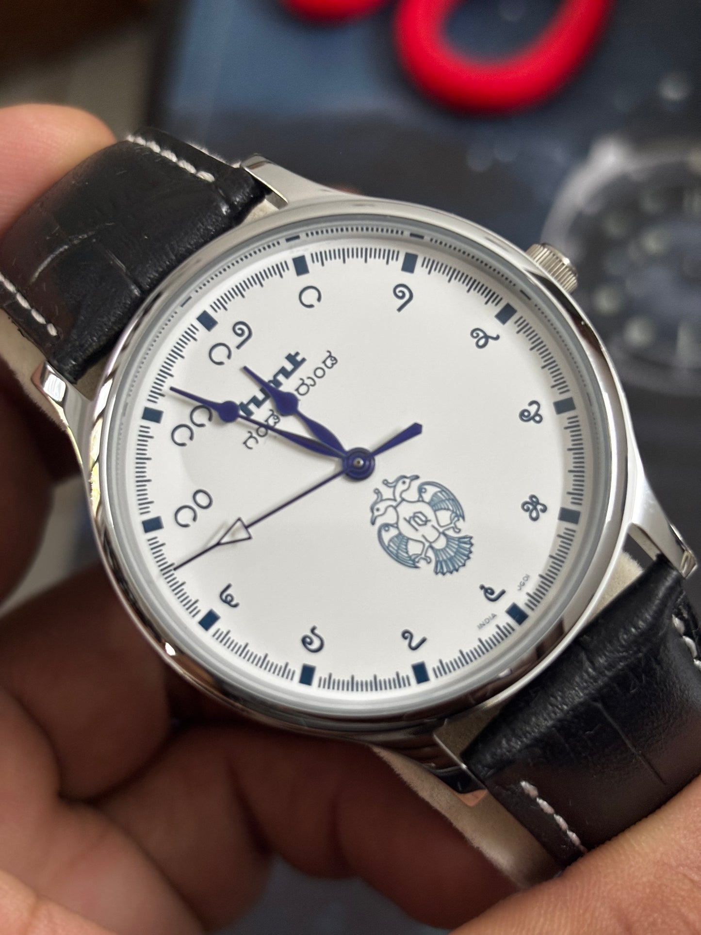 HMT Gandaberunda Quartz 43mm Watch with a Black Leather Strap