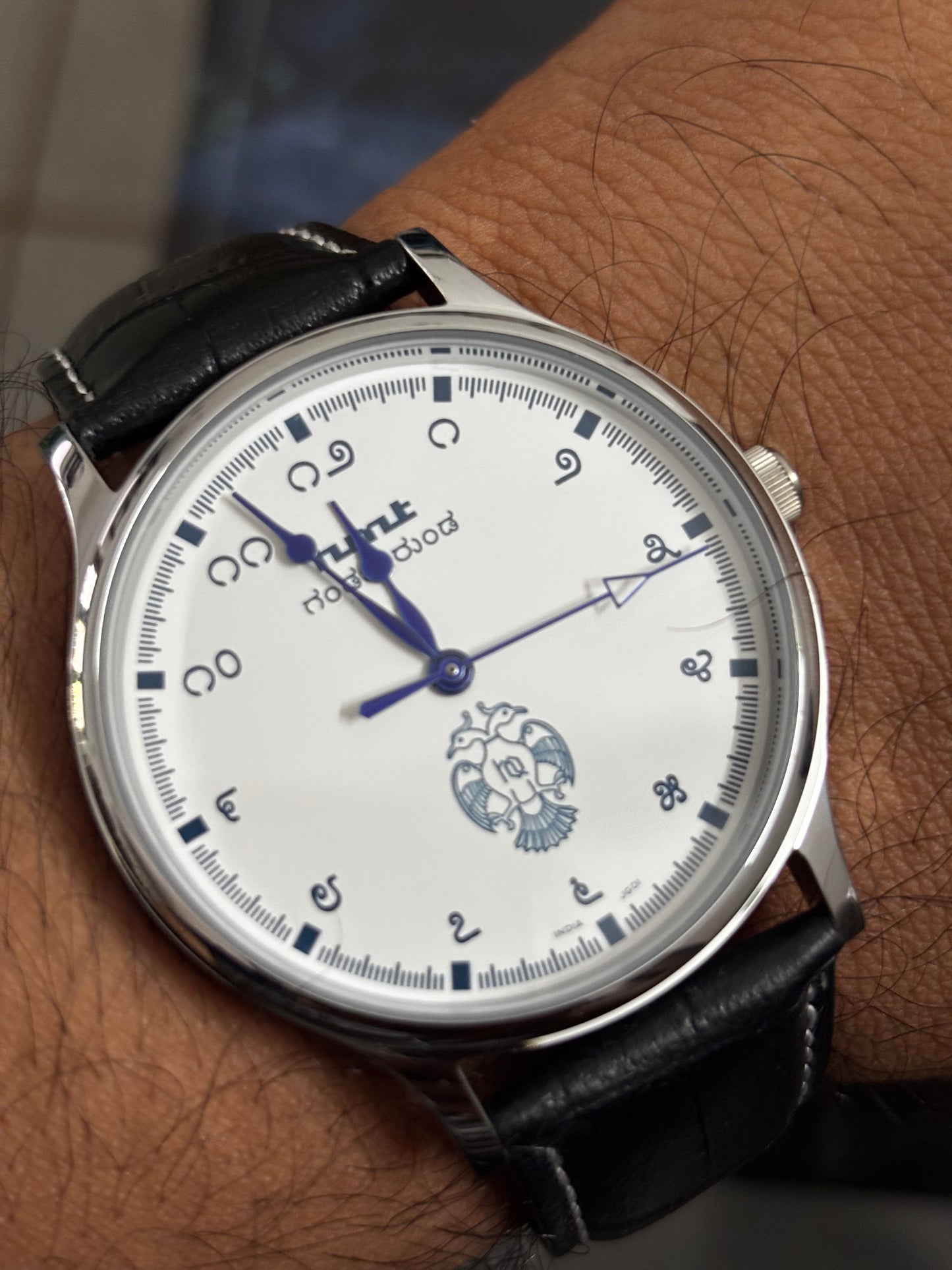 HMT Gandaberunda Quartz 43mm Watch with a Black Leather Strap