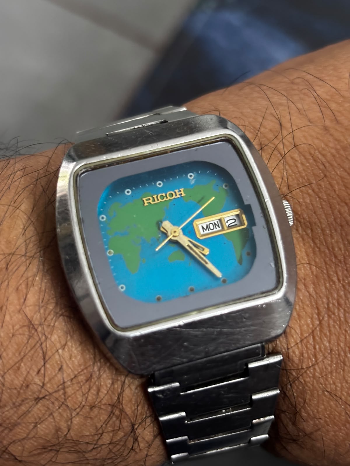 Ricoh Vintage Automatic Day Date Watch with a Blue & Green Map Dial
