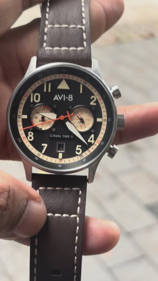 AVI-8 Men's 43.5mm Hawker Hurricane Carey Dual Time Watch with Leather Strap AV-4088