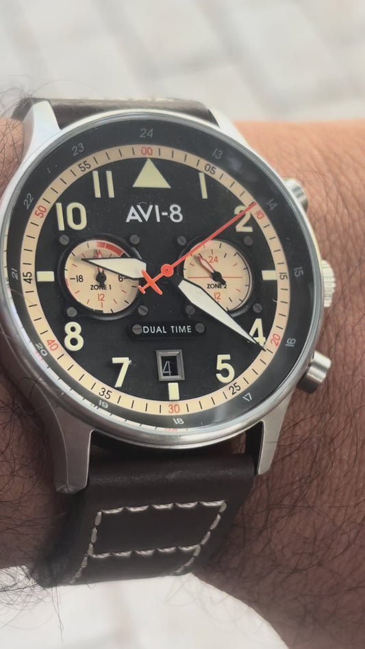 AVI-8 Men's 43.5mm Hawker Hurricane Carey Dual Time Watch with Leather Strap AV-4088
