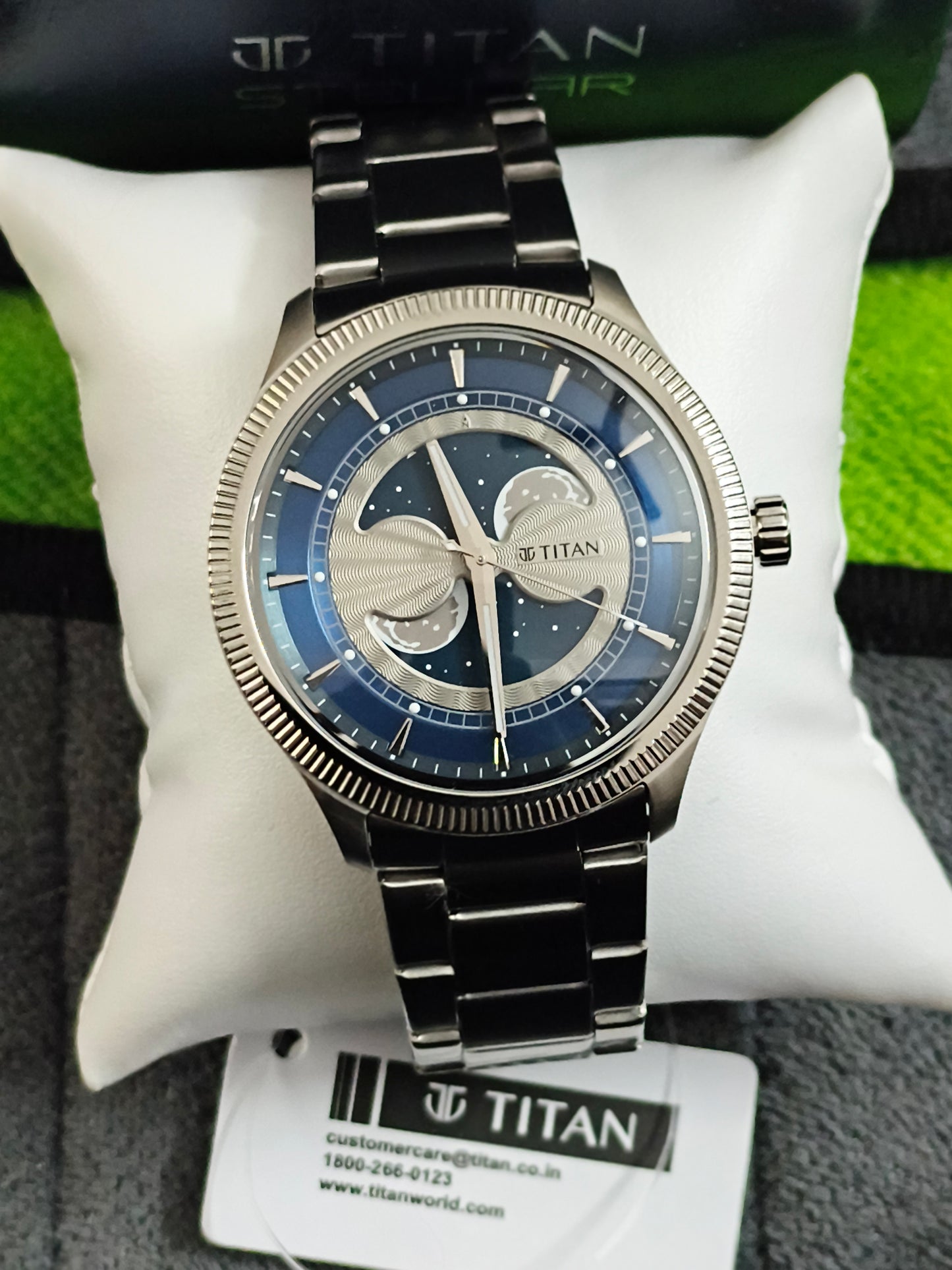 Titan Stellar Dual Moon Phase Quartz Watch with a Blue Star-studded Dial