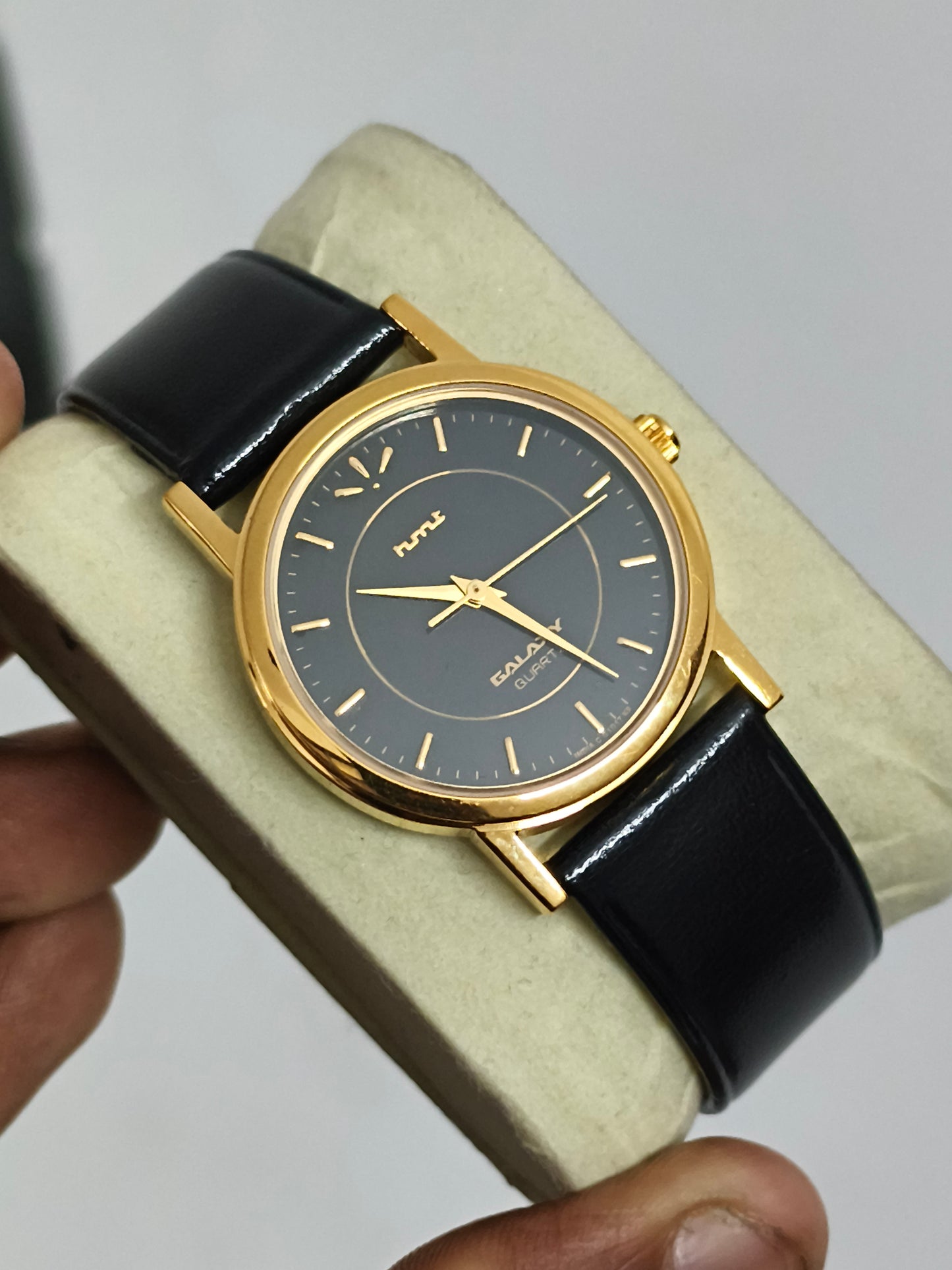 HMT Galaxy Quartz Watch with Gold-toned Case and Black Dial