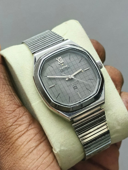 HMT Gautam Mechanical Watch with Grey Check-pattern Dial