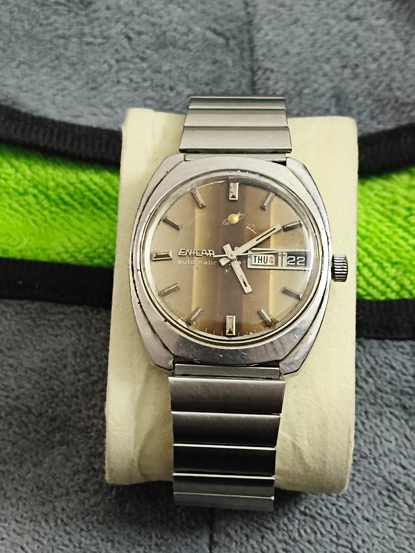Enicar Ocean Pearl Automatic Vintage Watch with a Tiger-eye Striped Dial