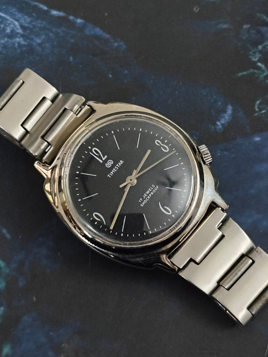 Timestar Vintage Mechanical Hand-wound Watch with a Black Art Deco Dial