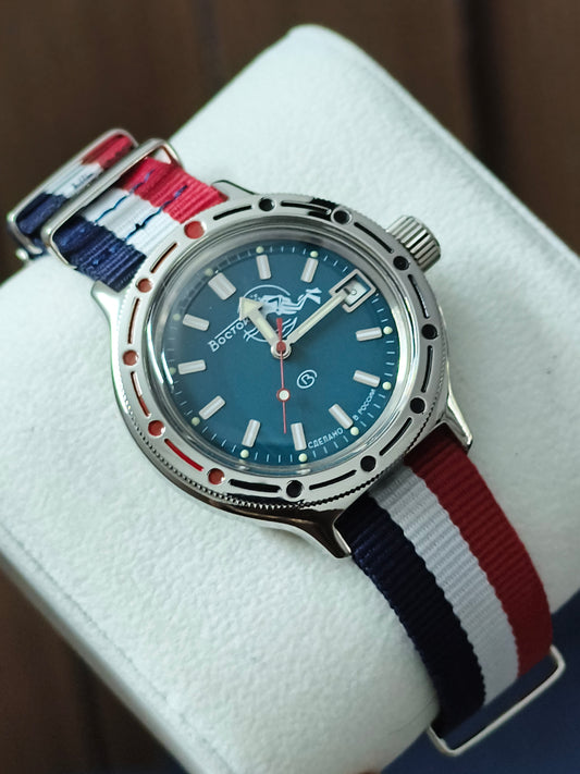 VOSTOK Amphibia 420059 Scuba Dude Automatic Diving Watch with Blue Dial and Tri-color Strap