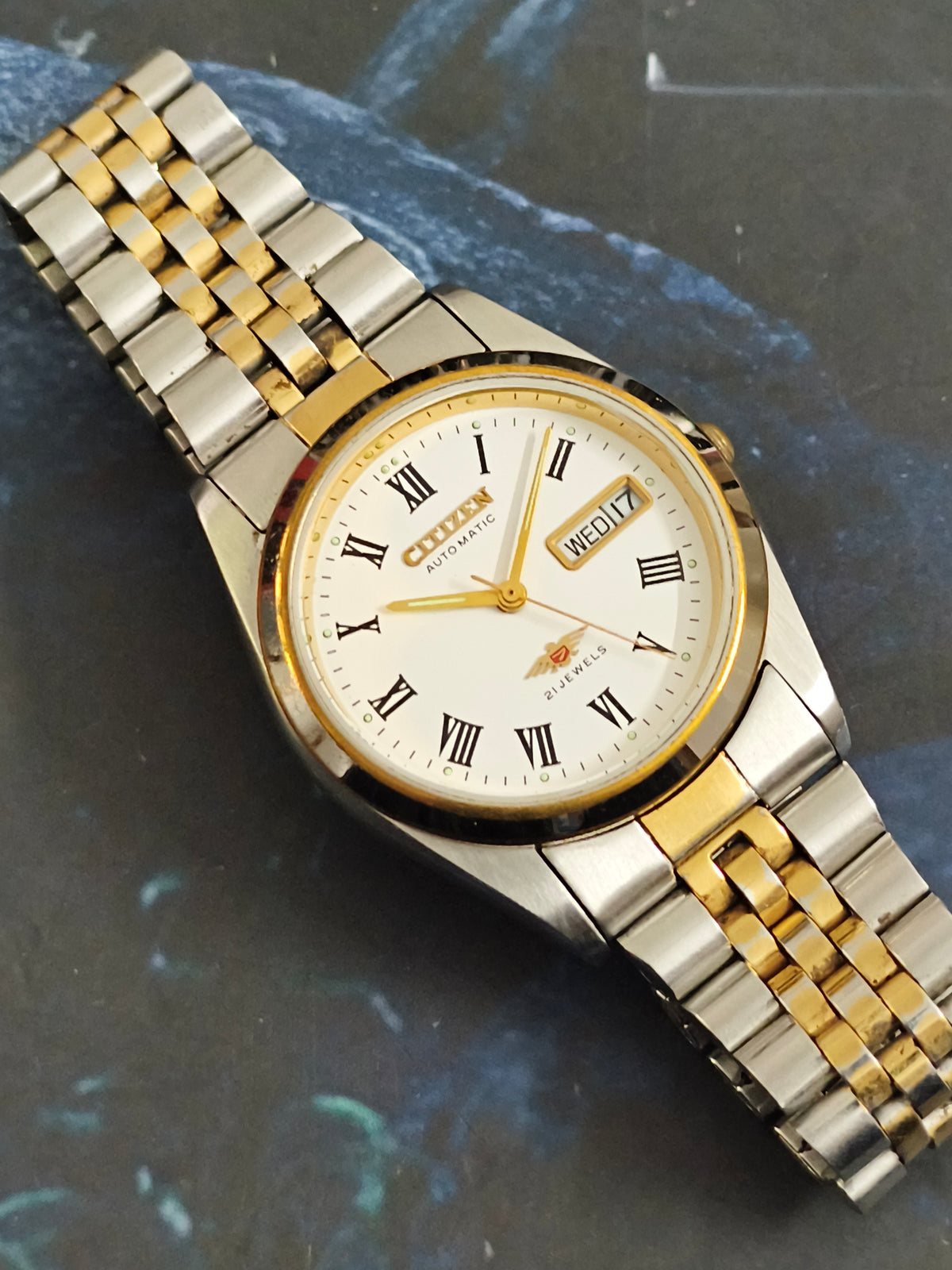 Citizen Automatic Day Date Dual Toned Watch with a White Dial Featuring Roman Numerals (Rare)