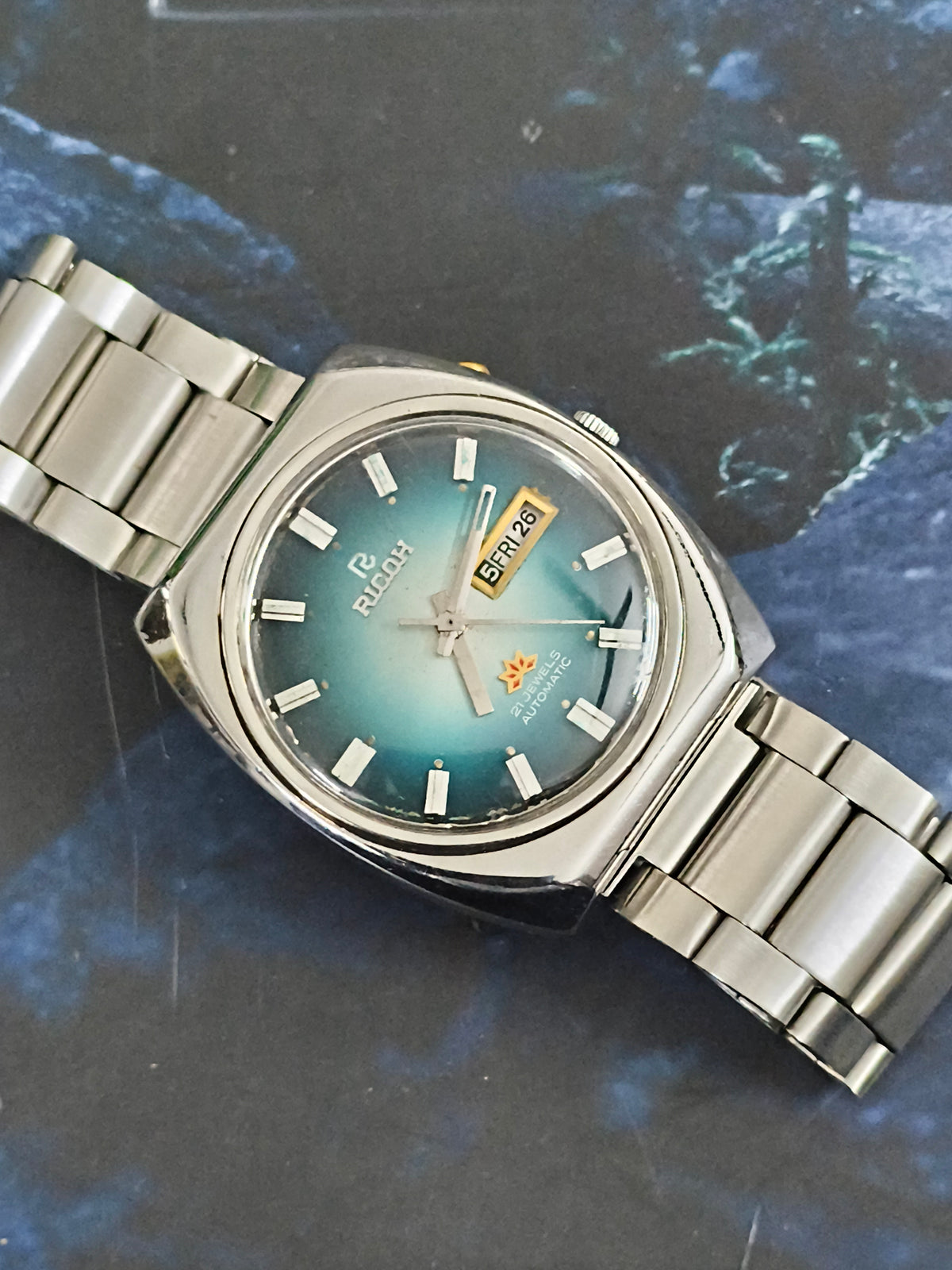 Ricoh Automatic Day Date Vintage Watch with a Blue Gradient Dial