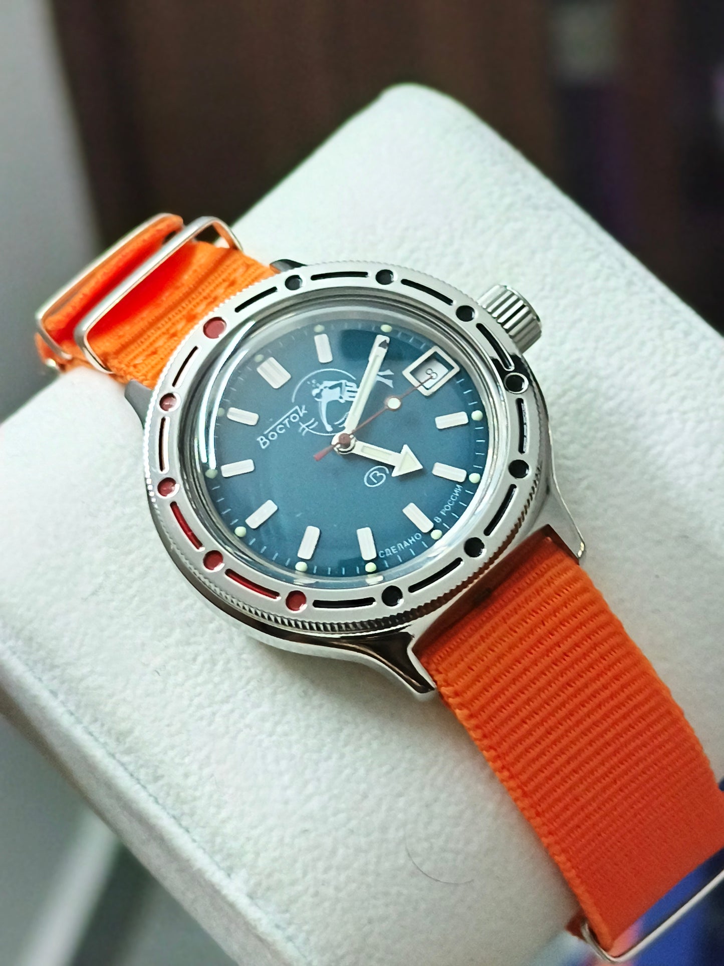 VOSTOK Amphibia 420059 Scuba Dude Automatic Diving Watch with Blue Dial and Orange Strap