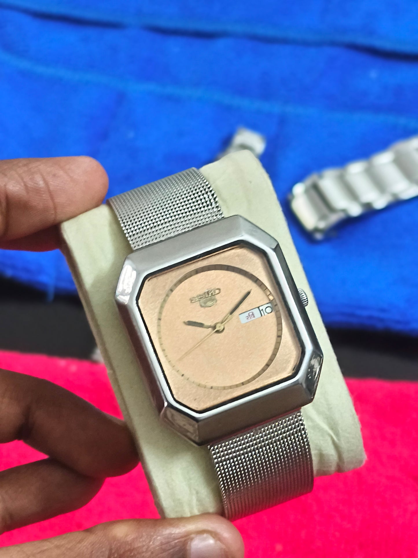 Seiko 5 Automatic Day Date Rectangle Octagon Shaped Watch with Copper-toned Dial