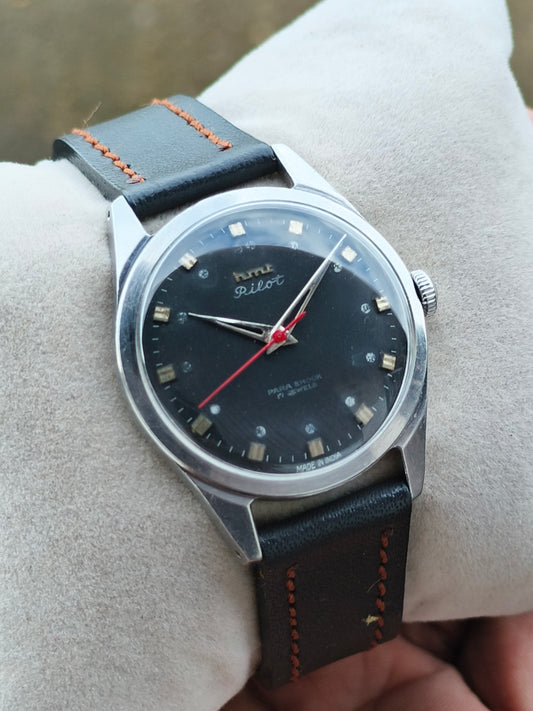 HMT Vintage Pilot Watch Rare Model with Black Dial and Metal Indexes