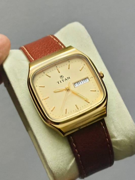 Titan Gold-toned Quartz Day Date Watch with a TV-shaped Case