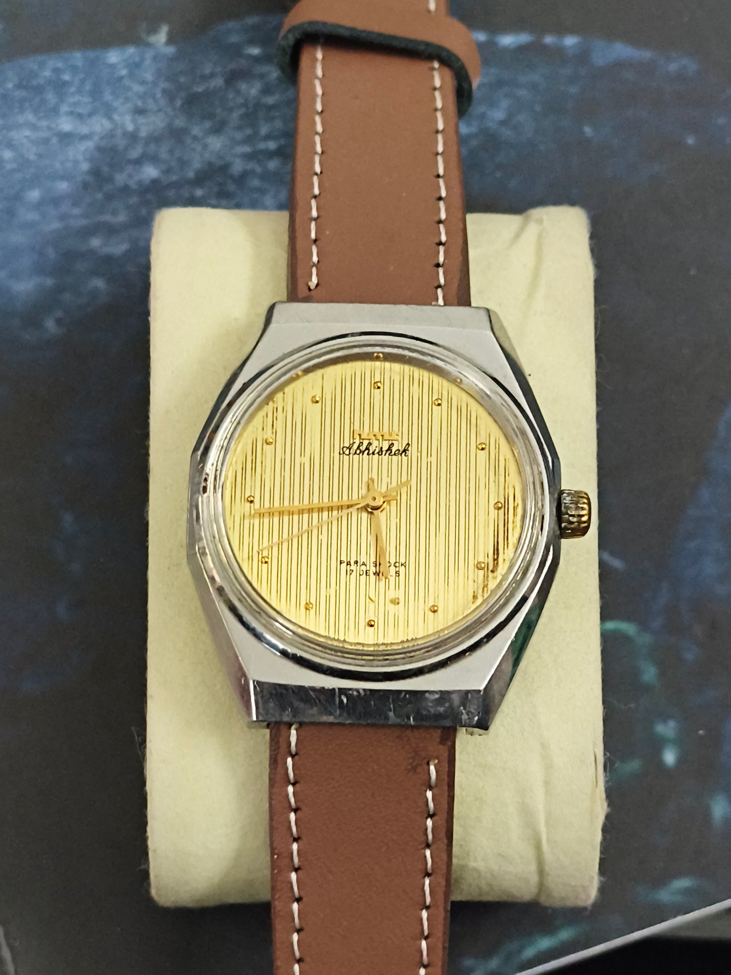 HMT Abhishek Mechanical Hand-Wound Vintage Watch with a Golden Vertical Stripes Dial