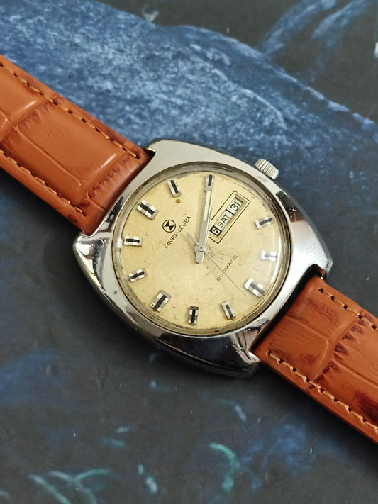Favre Leuba Duomatic Vintage Watch with a Cream-colored Patina Dial