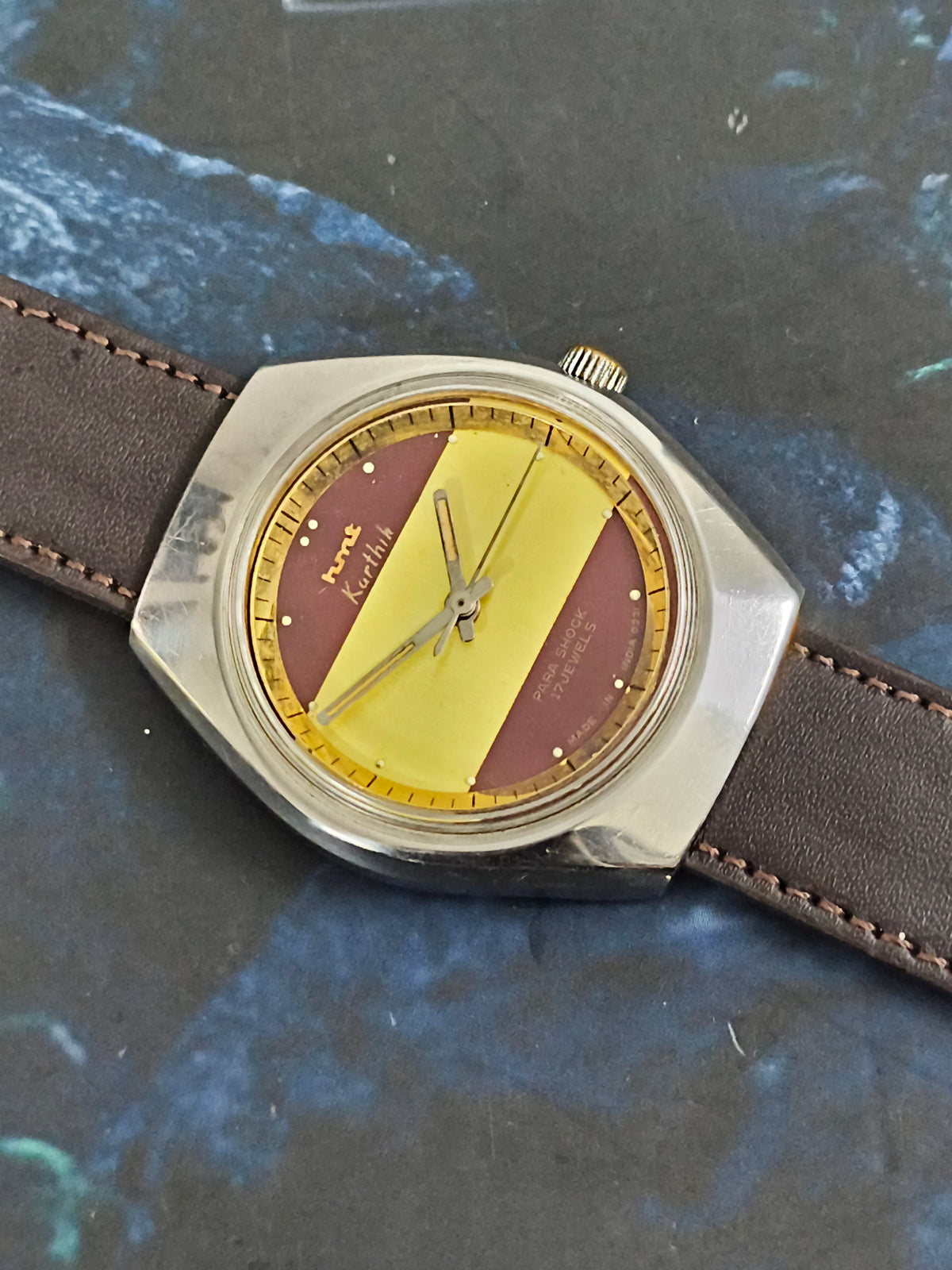 HMT Karthik Hand-wound Vintage Watch with a Golden & Maroon Dial