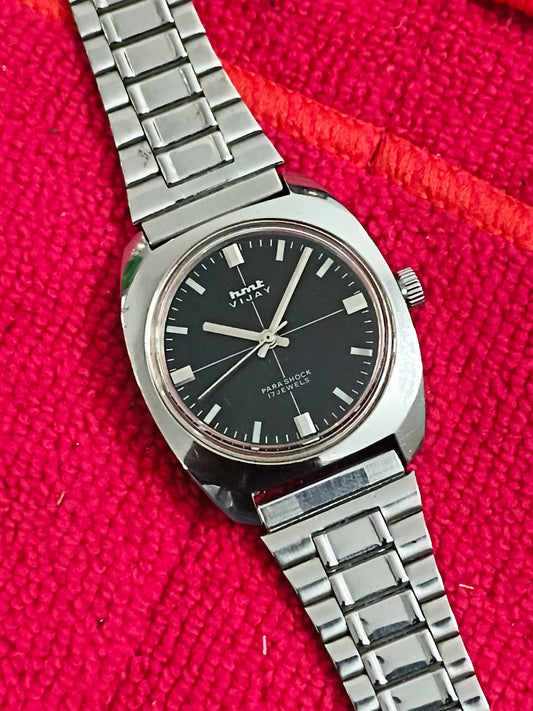 HMT Vijay Hand-wound Vintage Watch with a Black Crosshair Design Dial