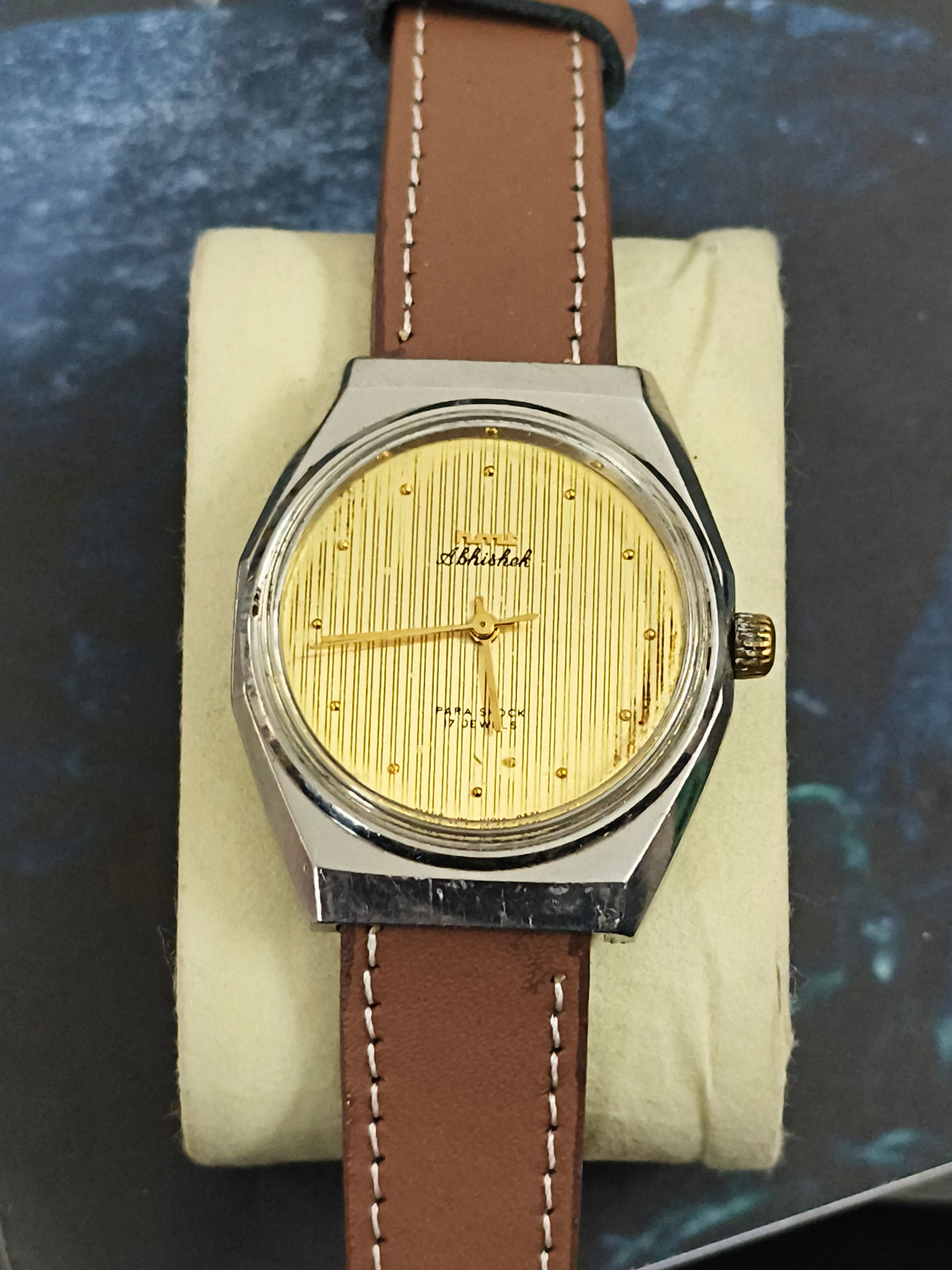 HMT Abhishek Mechanical Hand-Wound Vintage Watch with a Golden Vertical Stripes Dial
