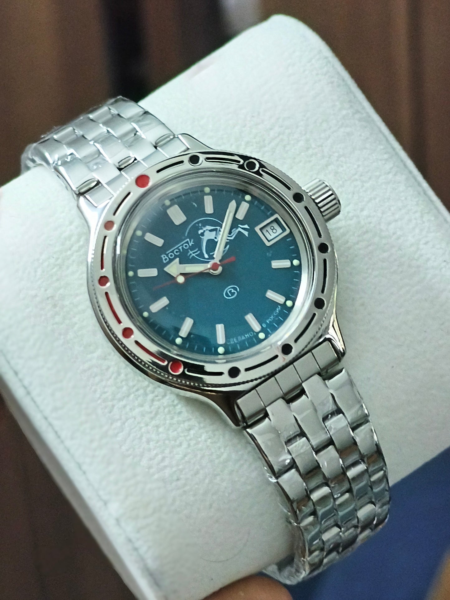VOSTOK Amphibia 420059 Scuba Dude Automatic Diving Watch with Blue Dial and Steel Bracelet