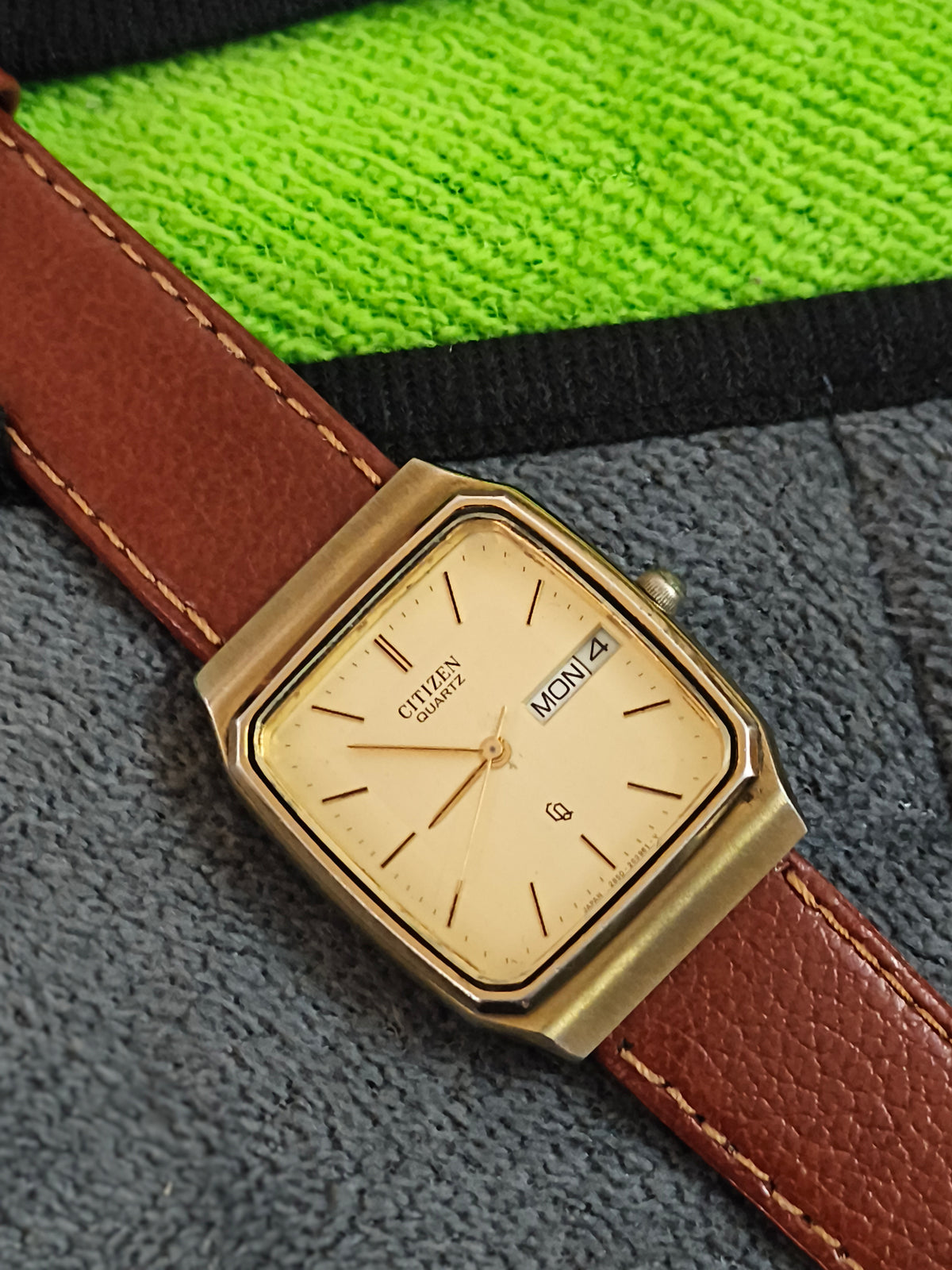 Citizen CQ Quartz “Tank” Gold-toned Watch with Day and Date
