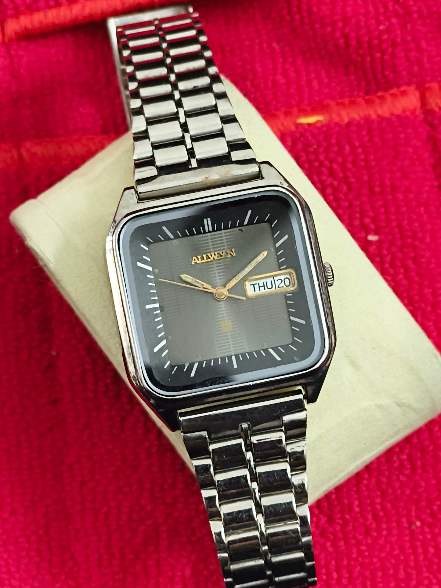 Allwyn Automatic Vintage Day Date Watch with a Grey Dial and Golden Hands