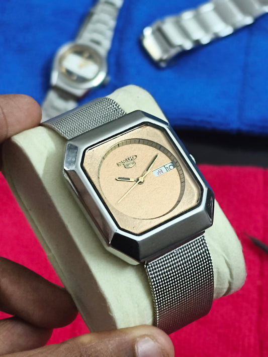 Seiko 5 Automatic Day Date Rectangle Octagon Shaped Watch with Copper-toned Dial