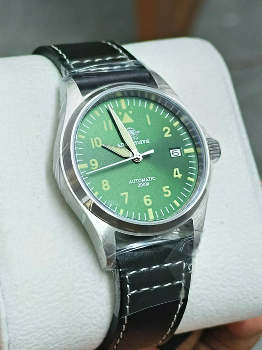 ADDIESDIVE 39mm Automatic Watch Pilot/Diver 200M with Green Dial