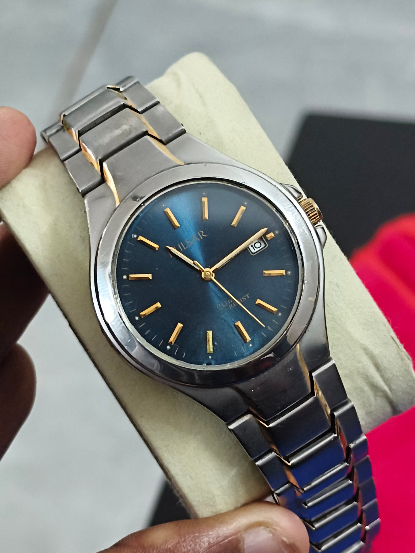 Pulsar Vintage Quartz Watch with a Blue Sunburst Dial