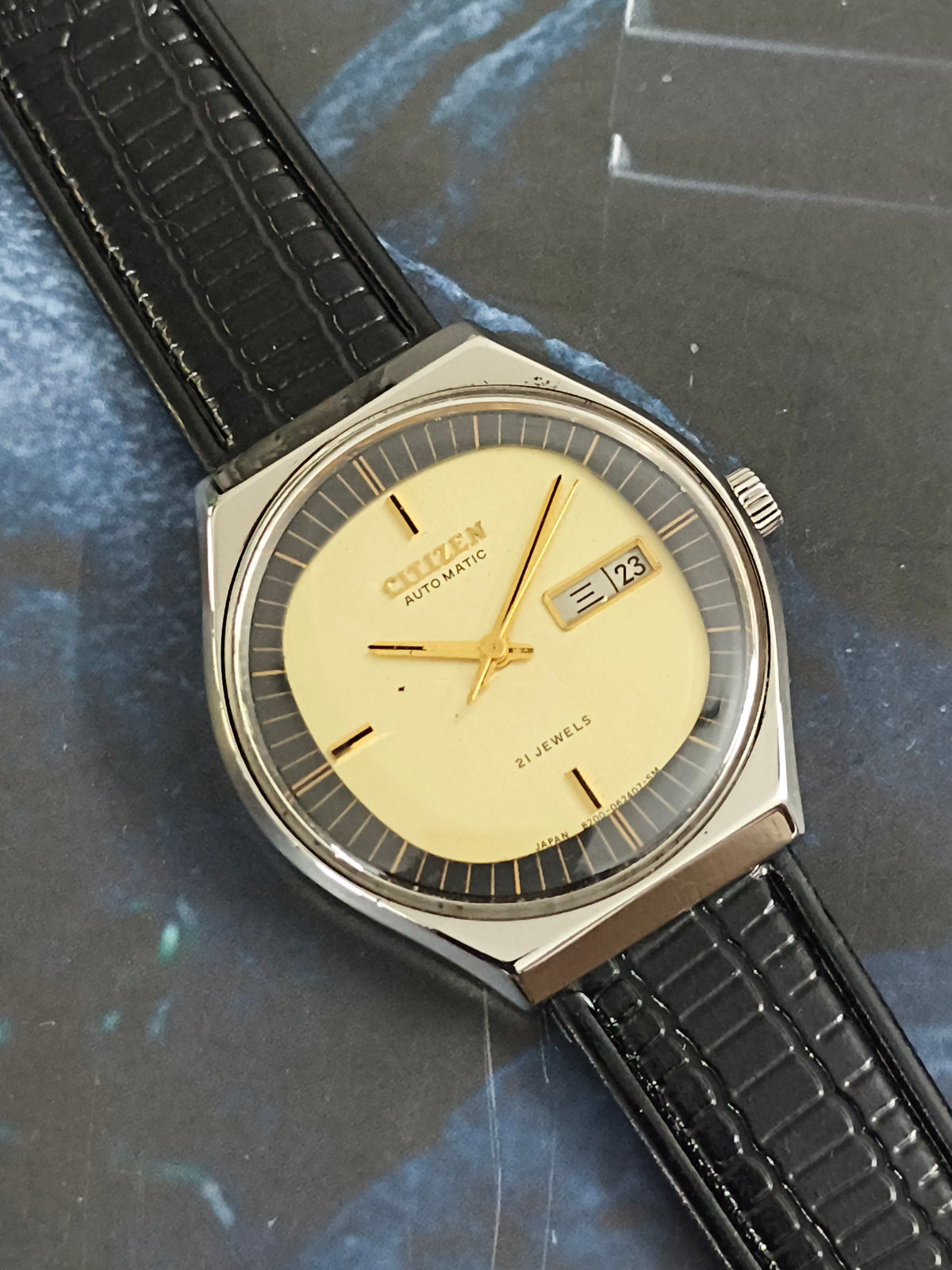 Citizen Vintage Automatic Day Date Watch with a Vertically Brushed Golden Dial