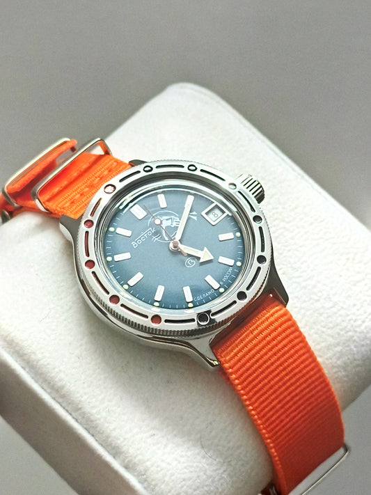 VOSTOK Amphibia 420059 Scuba Dude Automatic Diving Watch with Blue Dial and Orange Strap