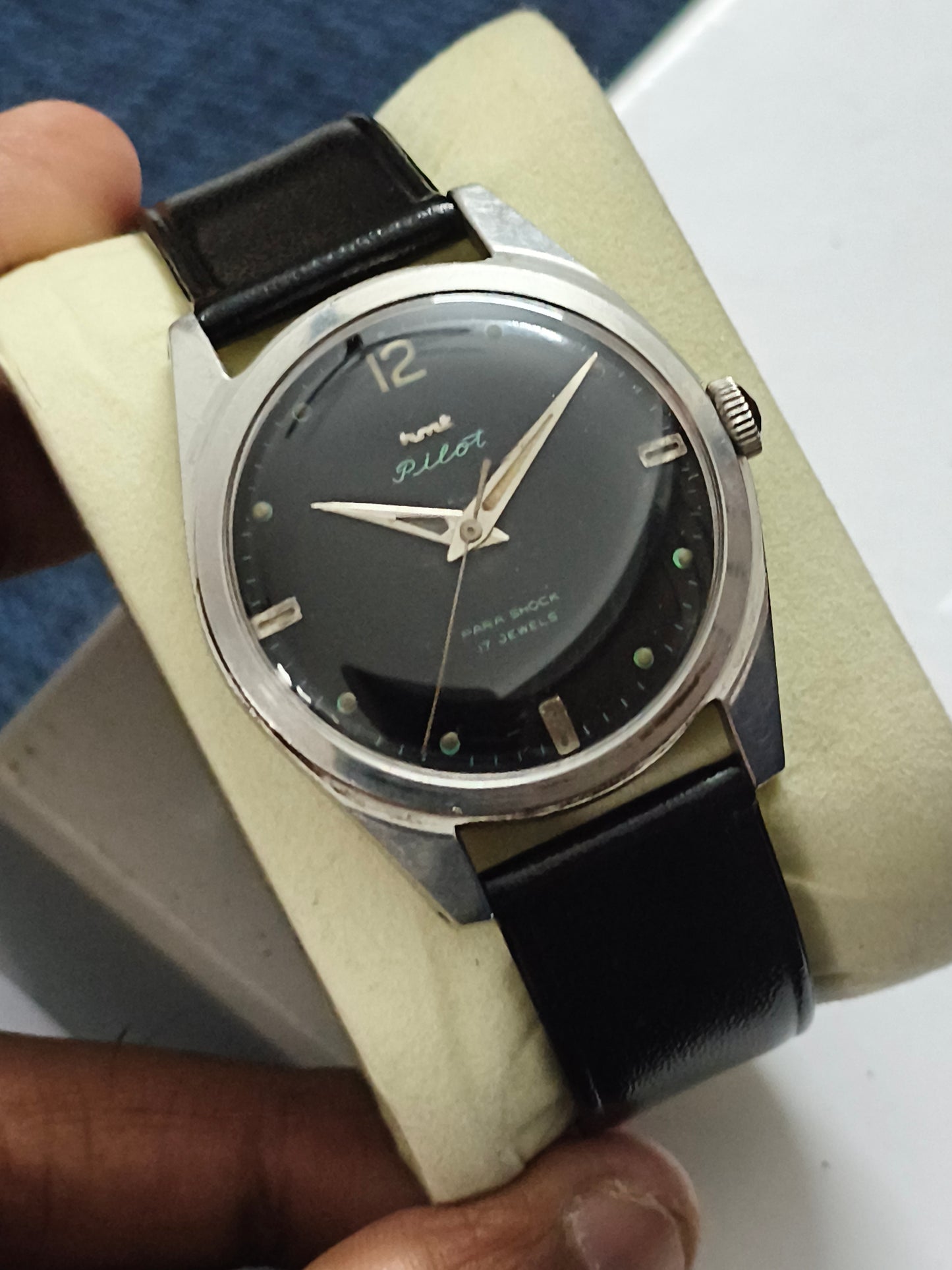 HMT Pilot Mechanical Hand-wound Vintage Watch Three Liner Version with Black Dial