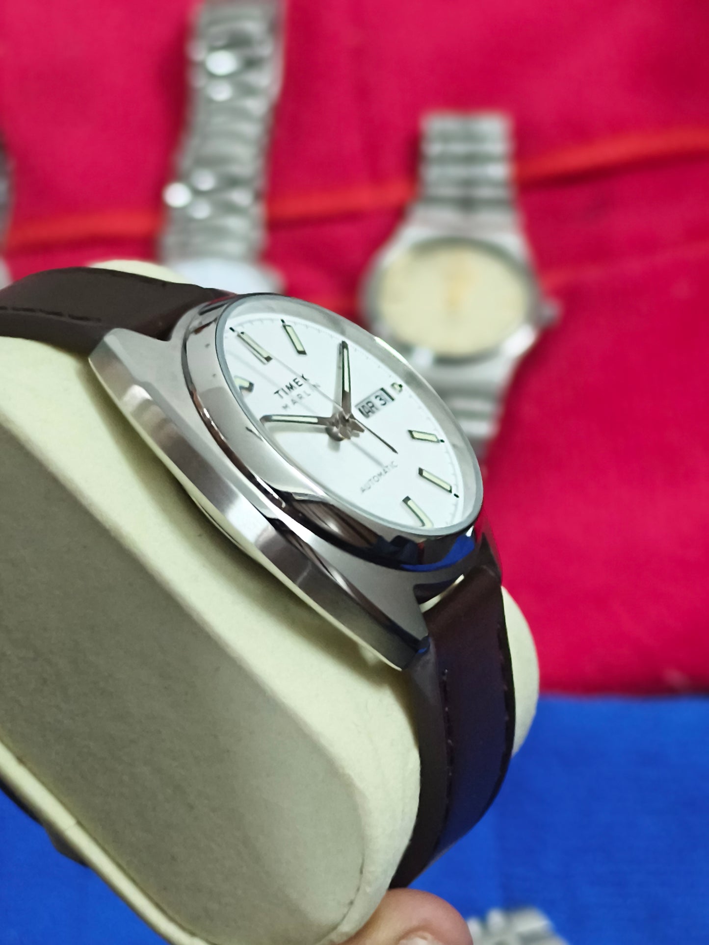 Timex Marlin Automatic Watch with Tonneau Shaped Case and Silver Dial