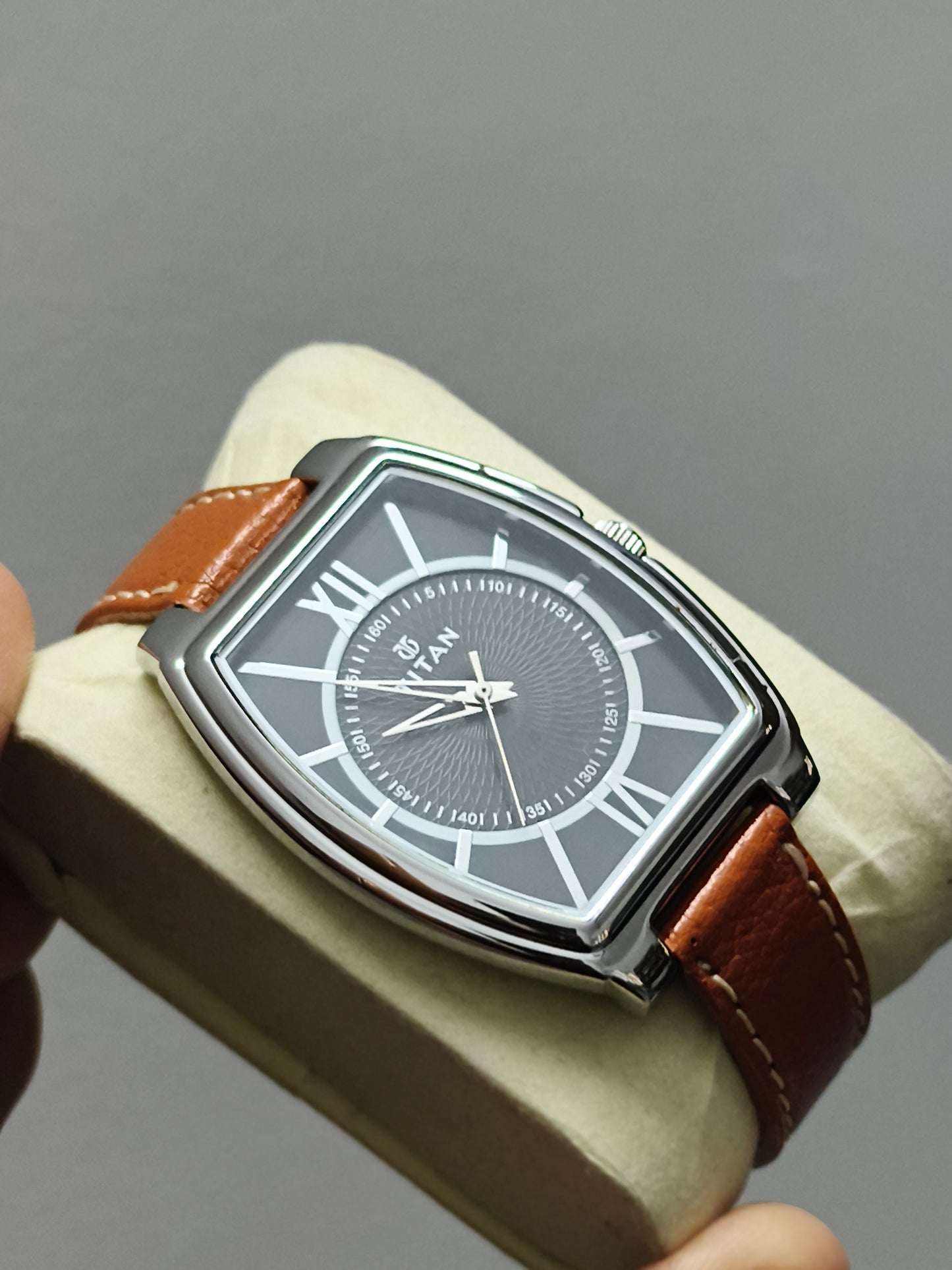 Titan Quartz Cushion-Shaped Watch with Black Dial