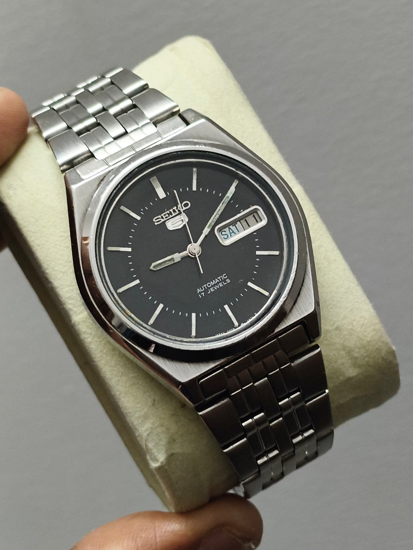 Seiko 5 Automatic Day Date Watch with Black Dial and Steel Indices