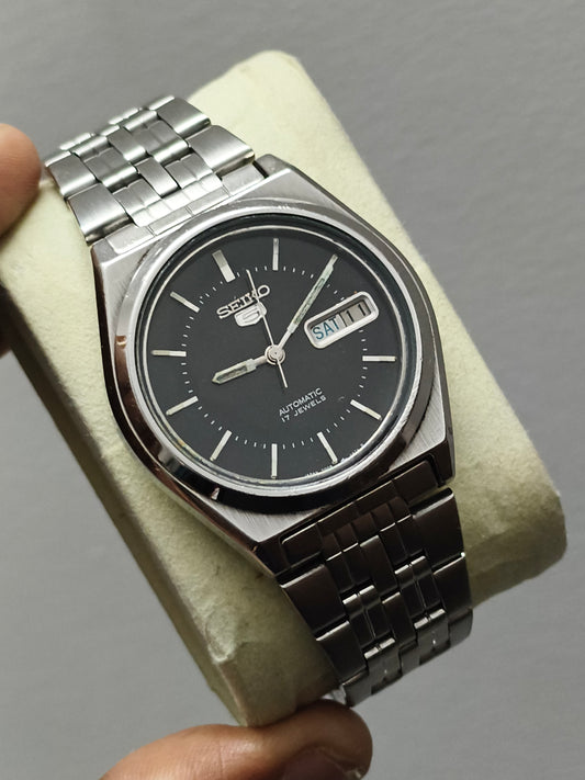 Seiko 5 Automatic Day Date Watch with Black Dial and Steel Indices