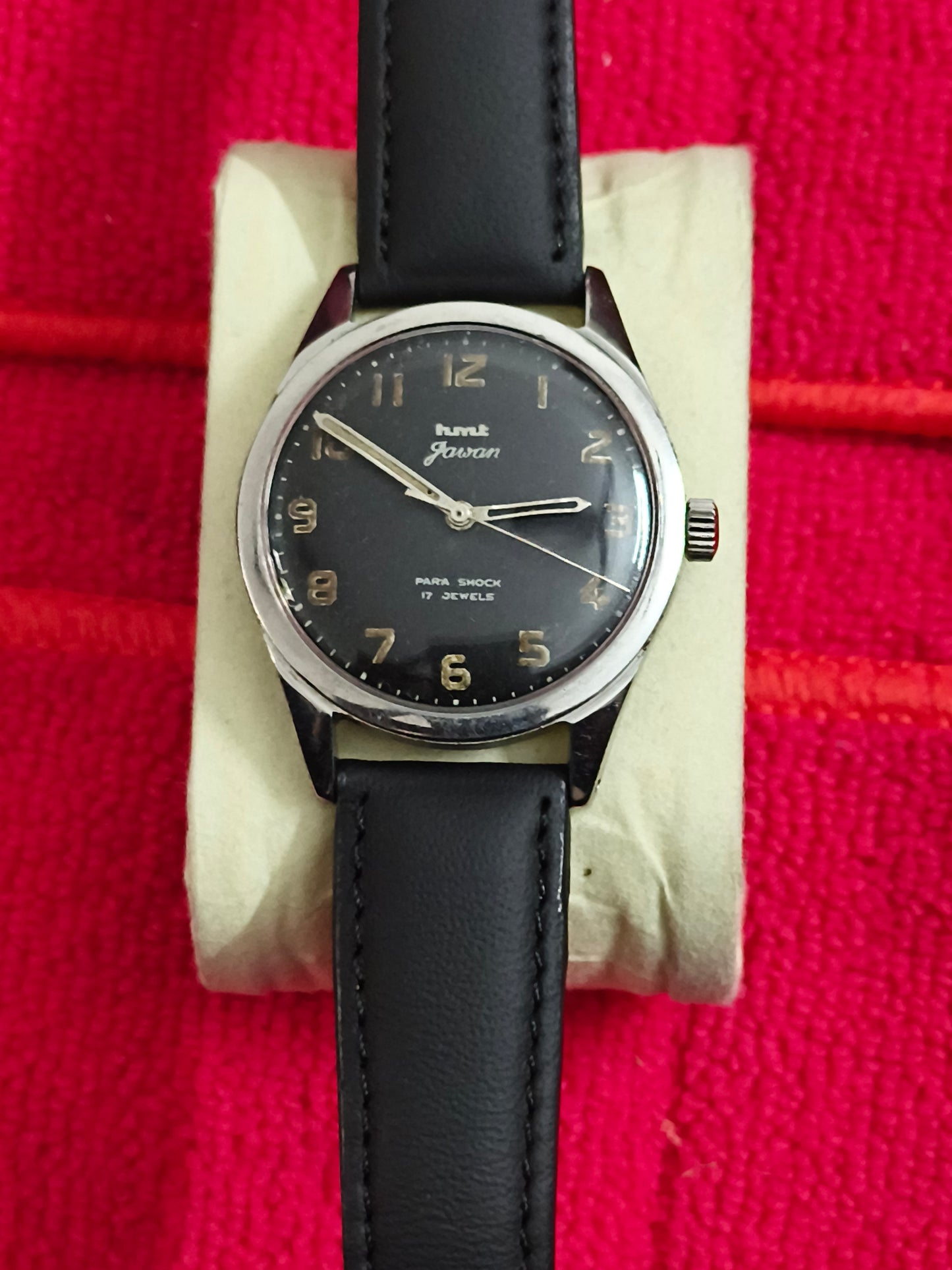 HMT Jawan Military Mechanical Vintage Watch with Black Dial and Broad Arrow Marking on the Case-back