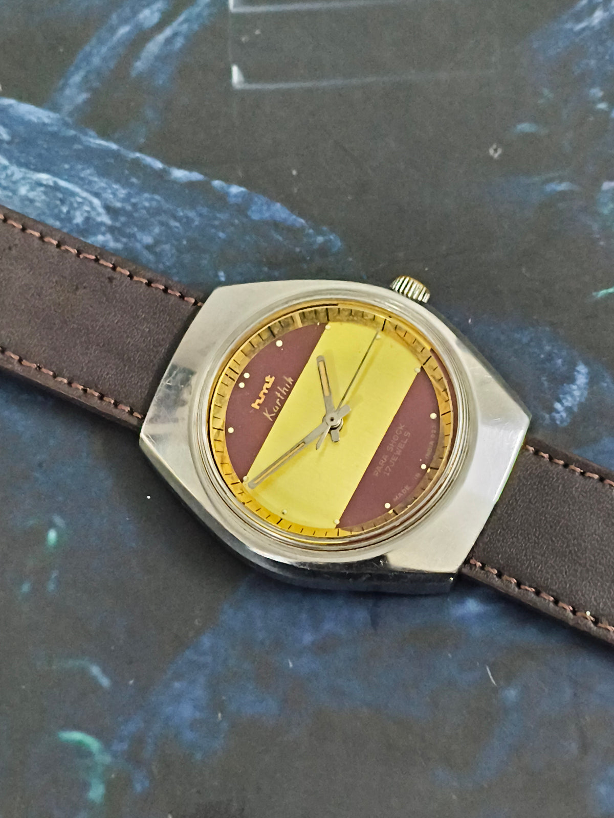 HMT Karthik Hand-wound Vintage Watch with a Golden & Maroon Dial