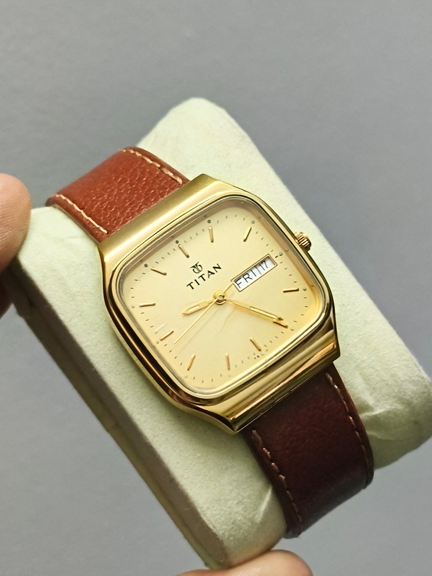 Titan Gold-toned Quartz Day Date Watch with a TV-shaped Case