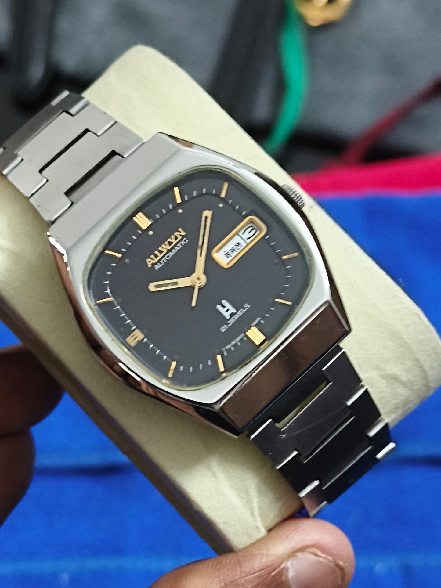 Allwyn Automatic Vintage Day Date Watch with Black Dial and Golden Indexes
