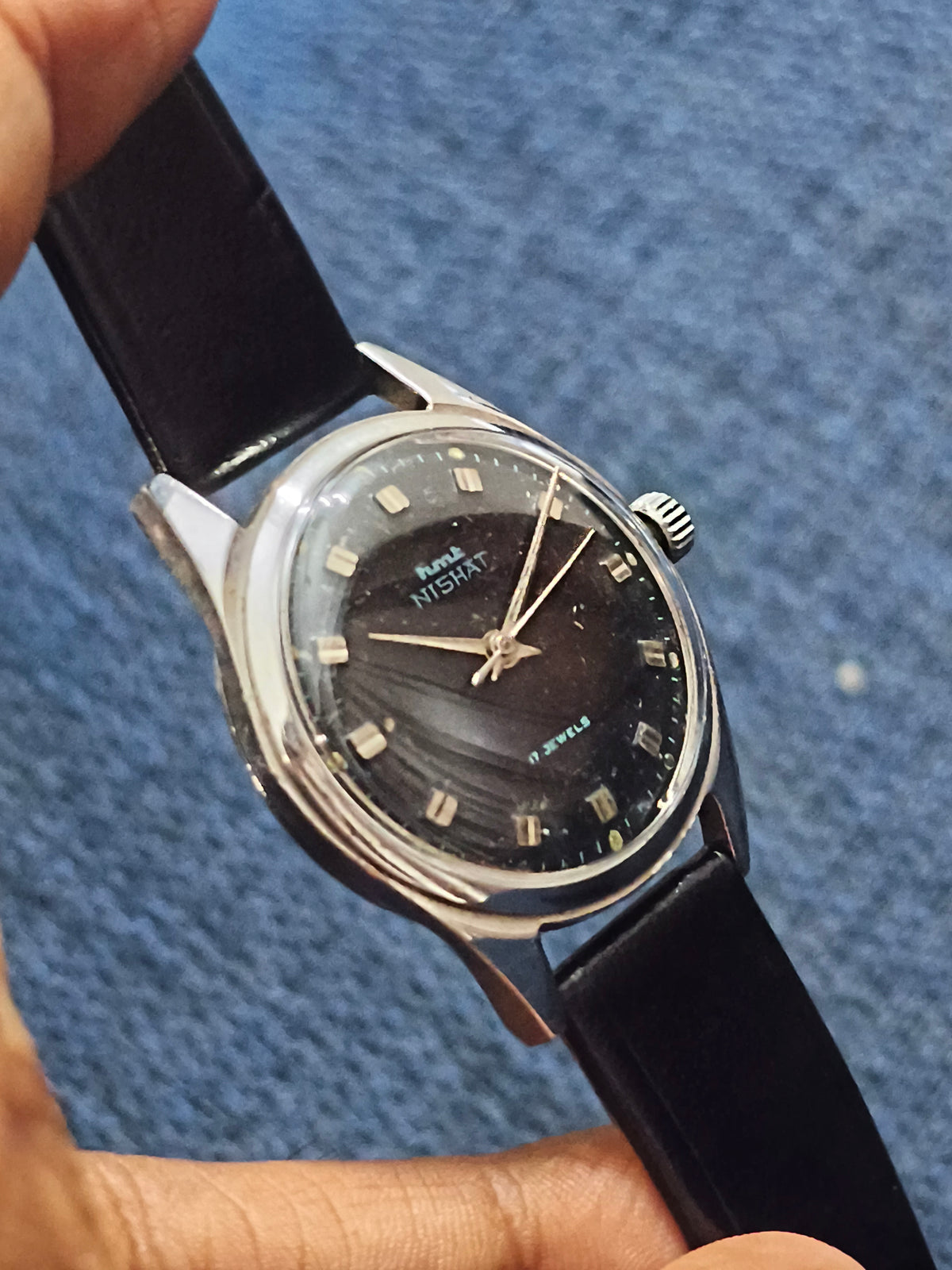 HMT Nishat Hand-wound Vintage Watch with a Black Dial and Brick Indices