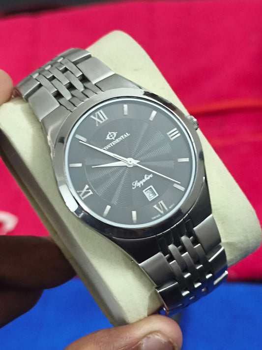 Continental Swiss Made Quartz Watch with a Black Guilloche Dial