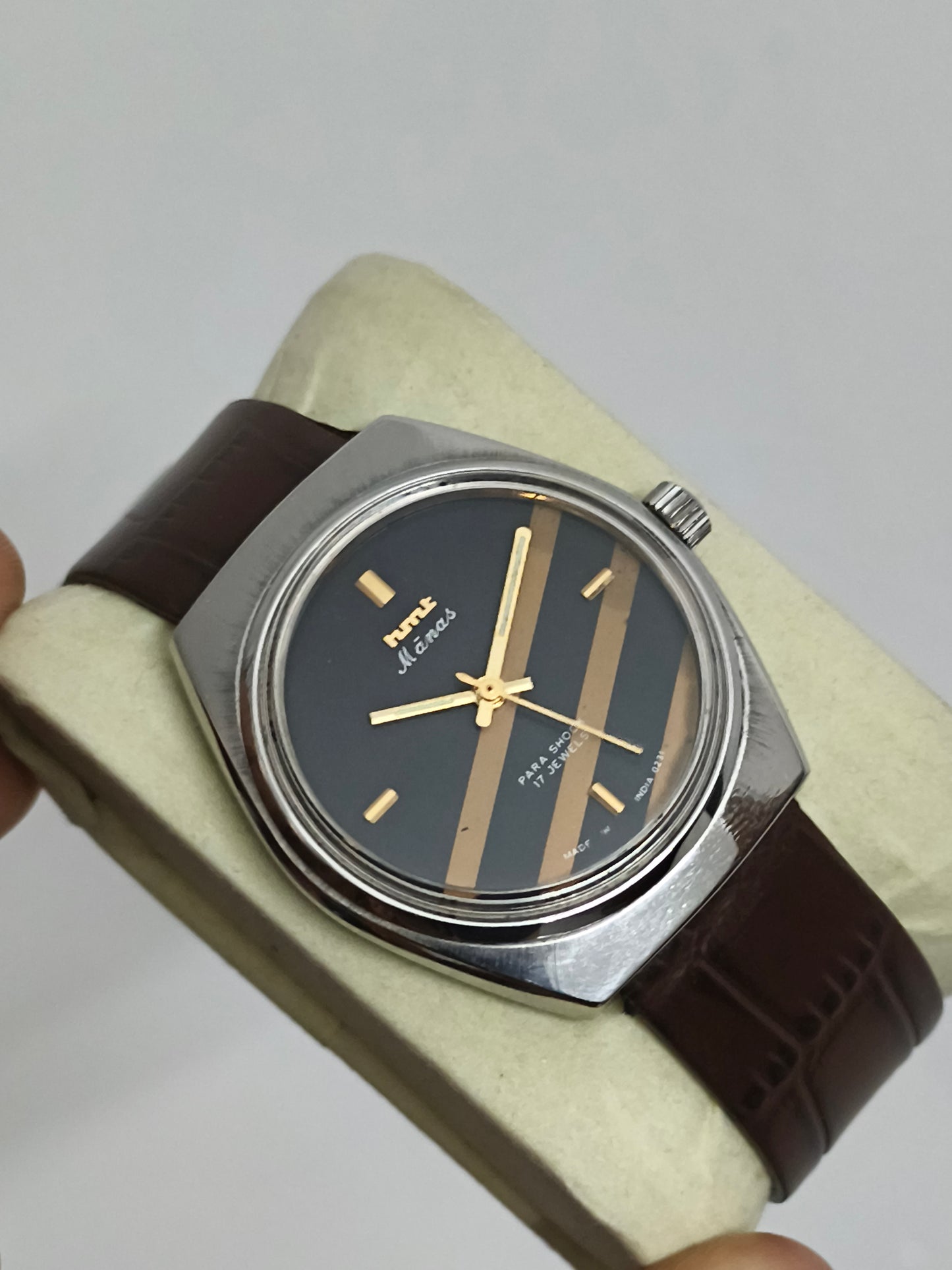 HMT Manas Hand-wound Watch, Black Dial with Golden Stripes