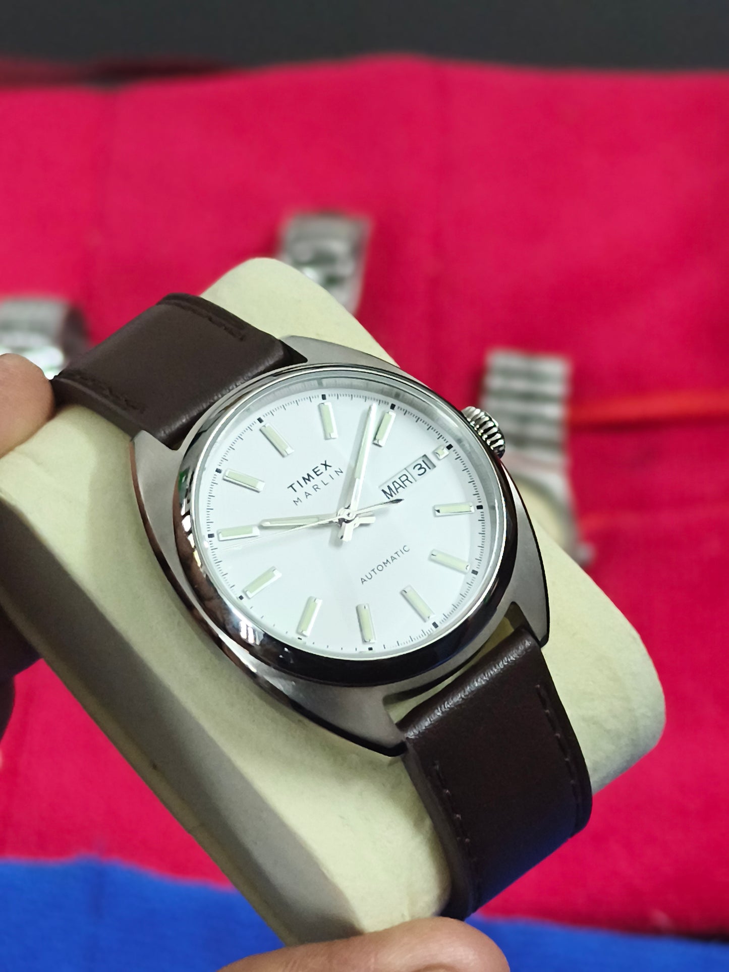 Timex Marlin Automatic Watch with Tonneau Shaped Case and Silver Dial